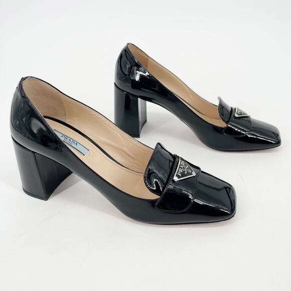 Prada Black Patent Vernice Metal Triangle Logo Block Heel Loafer Pumps IT 38 - Picture 2 of 14
